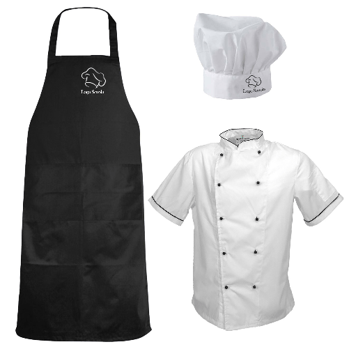 Completo Cuoco divisa Scuola Alberghiera Personalizzabile Kit Divisa per Cucina con Grembiule Cappello e Giacca Estiva S Nero